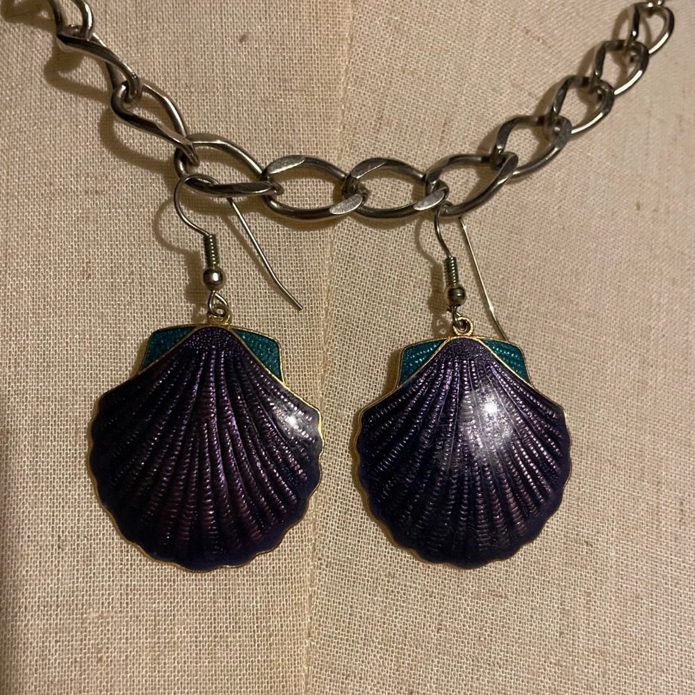 Purple Teal Enamel Seashell Drop Earrings Gold Scallop Shell Coastal mermaid